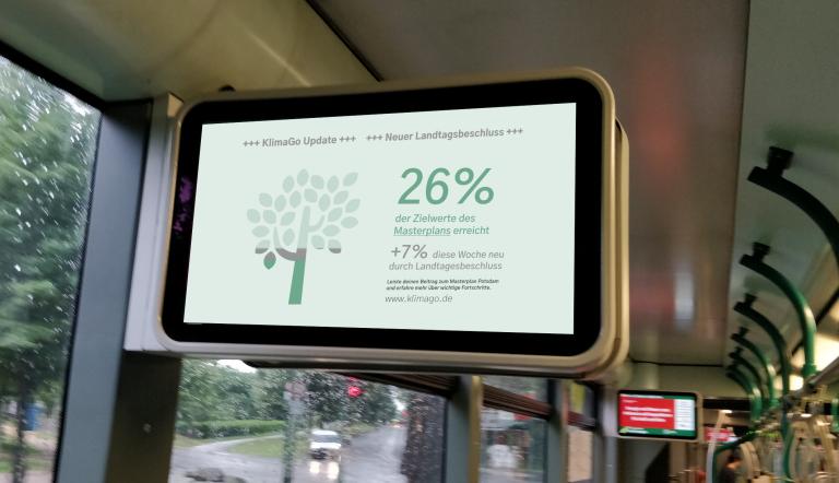 Das Foto zeigt ein Informations-Bildschirm in einem Bus mit Hinweisen zum Masterplan.