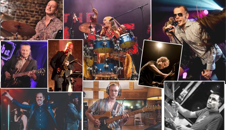 Pop-Rock-Jazz on Stage Zu sehen ist eine bunte Collage aus Bühnenfotos engagierter Schlagzeuger, Sänger, E-Gitarristen, einem Pianisten und einem Saxophonspieler