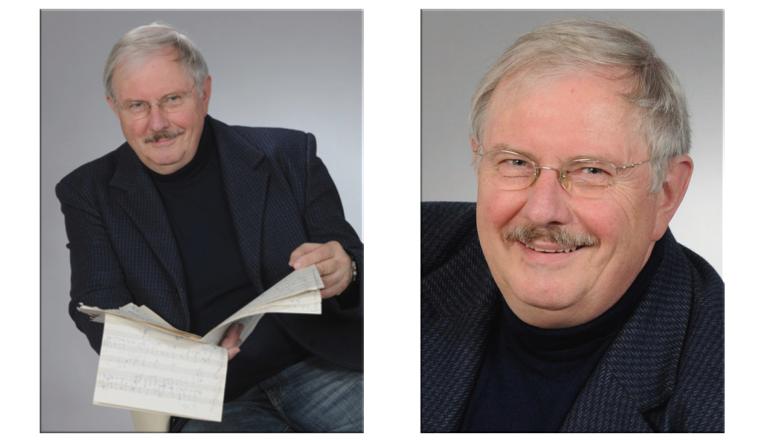 Der Potsdamer Musiker und Komponist Gisbert Näther Auf zwei Bildern ist der sympathisch lächelnde lebensfroh wirkende Mann portraitiert. Auf einem Bild blättert er dabei in Musiknoten.