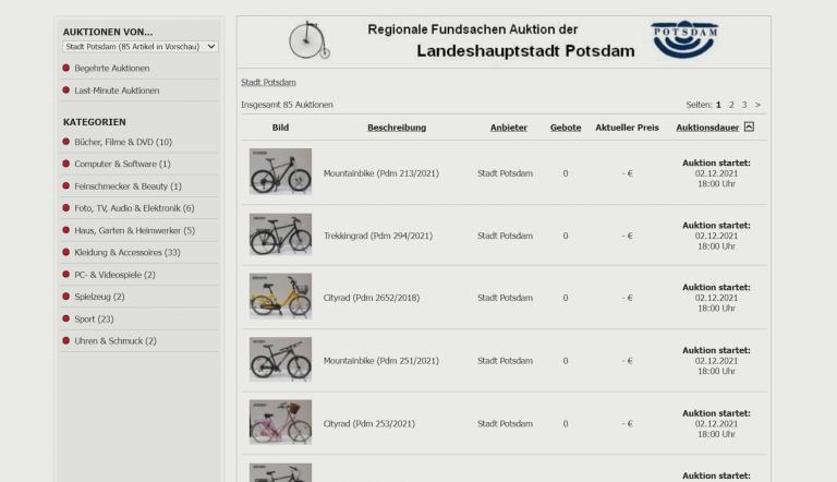 Online-Versteigerung in der Landeshauptstadt Potsdam (Screenshot) Online-Versteigerung in der Landeshauptstadt Potsdam (Screenshot)
