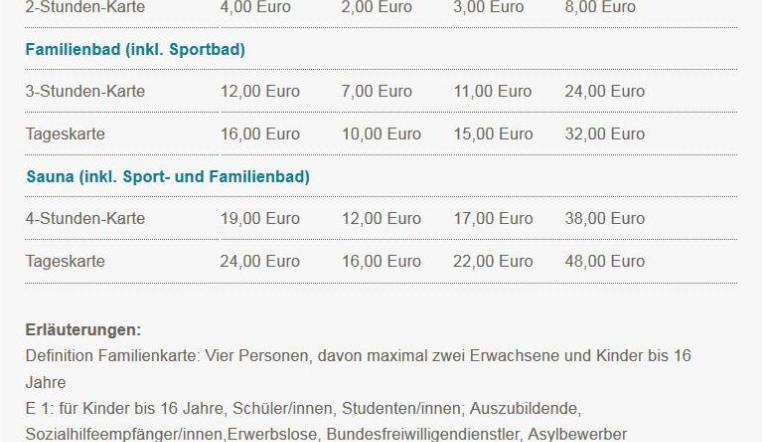 Eintrittspreise für das Blu - Sport- und Freizeitbad am Brauhausberg. Zwei Stunden schwimmen kostet für Schüler 2 Euro, der Normalpreis beträgt 4 Euro.