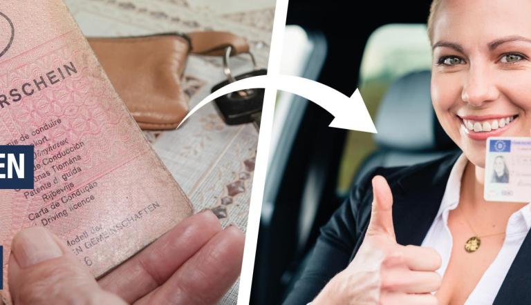 Der Slider zeigt das Bild eines alten Papierführerscheins und das Bild einer Frau, die den neuen EU-einheitlichen Kartenführerschein hochhält.