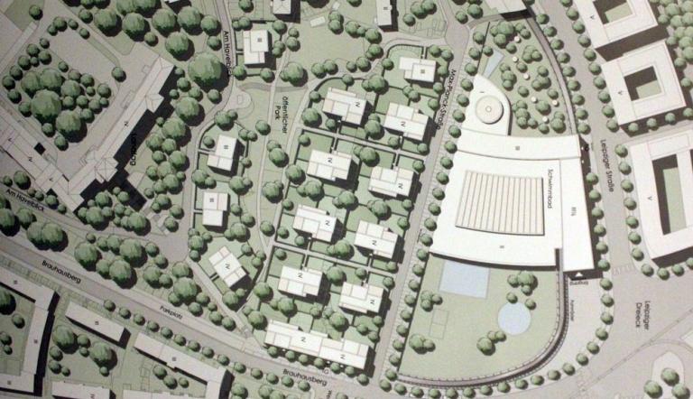 Das Planungsgebiet aus der Vogelperspektive: Der Landtag (li.), die villennartige Bebauung am Brauhausberg und der Standort des neuen Sport- und Freizeitbades am Leipziger Dreieck. Der Entwurf stammt von der Potsdamer Planungsgemeinschaft Löffler/Engler.