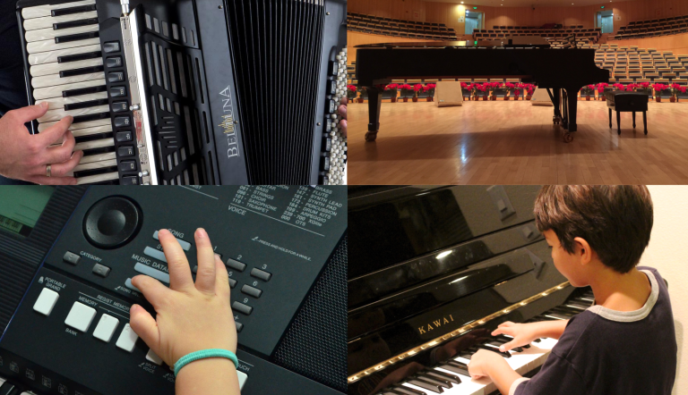 Eine Collage aus 4 Bildern - Akkordeon, Keyboard und Klaviertasten gespielt von Kinderhänden - oben rechts ist ein Konzertsaal mit Flügel zu sehen.