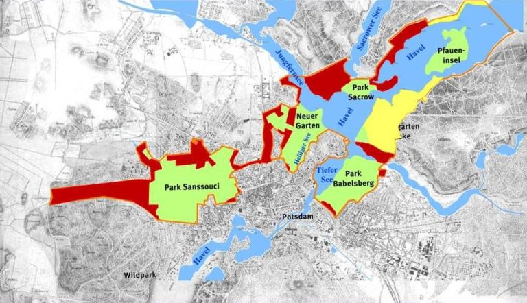 Trägerschaft der Welterberstätte, rot: Landeshauptstadt Potsdam, grün: SPSG, gelb: Bezirksämter Berlin Spandau und Steglitz-Zehlendorf (Grundlage: Verschönerungsplan von Potsdam und Umgebung, Peter Joseph Lenné, Lithographie von G. Koeber, 1833)