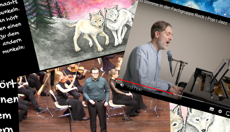 Endlich wieder... Singen! In einer Collage sehen wir ein gemaltes Bild mit zwei weißen Wölfen in einem Wald, einen Sänger am Klavier und einen Sänger vor einem Orchester stehend.