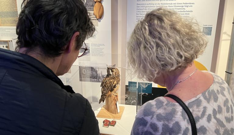 Zwei Besuchende stehen vor einer Vitrine und schauen sich das Präparat einer Waldohreule an., Foto: A. Vierling-La Ruffa, Lizenz: Naturkundemuseum Potsdam