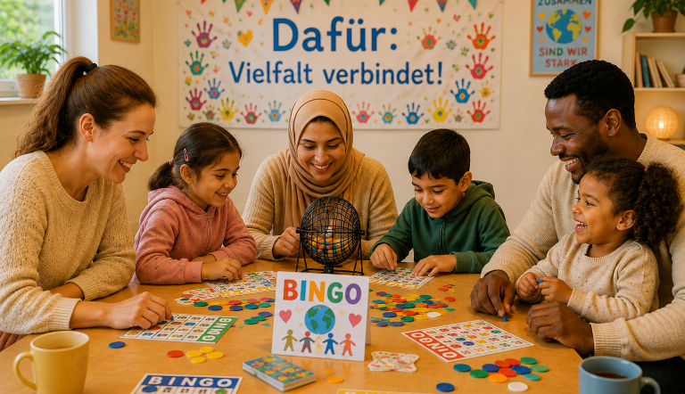 Familie und Kinder spielen gemeinsam Bingo. Im Hintergrund steht „Dafür: Vielfalt verbindet!“., Foto: Fröbel-Familienzentrum Nuthepark