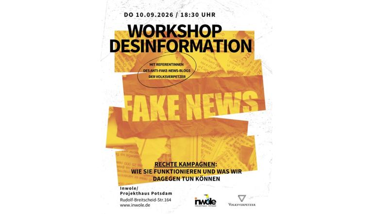 Plakat zum Workshop „Desinformation – Fake News“ am 10. September 2026 in Potsdam., Foto: inwole