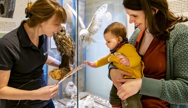 Mutter und Kind betrachten Feder und Kauz, Foto: David Marschalsky, Lizenz: Naturkundemuseum Potsdam