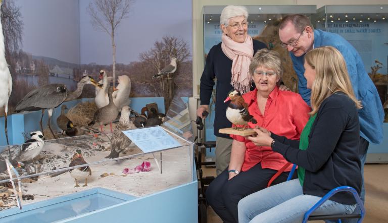 Barrierefreie Führung vor der Freidarstellung Vögeln am Wasser und dem Präparat einer Stockente , Foto: Nadine Quenzel, Lizenz: TMB-Fotoarchiv