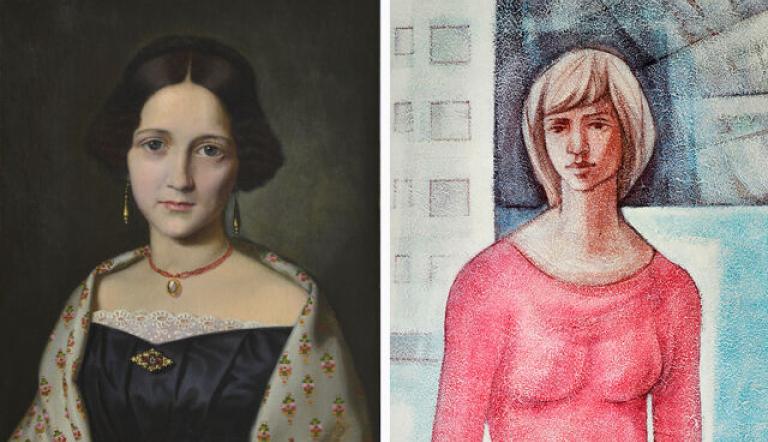 _LINKS Unbekannt, Porträt einer jungen Frau, um 1840 - RECHTS Nerlich, Wandbild Potsdamer Alltag, 1966, Foto: M. Lüder, Lizenz: Potsdam Museum