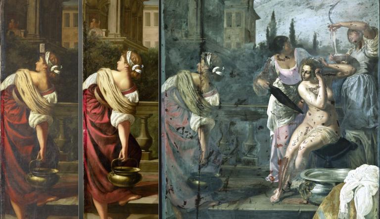 Artemisia Gentileschi, Bathseba im Bade, verschiedene Zustände während der Restaurierung, Foto: Bärbel Jackisch, Lizenz: SPSG