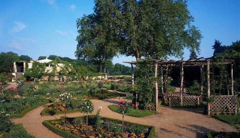 Park Sanssouci, Schloss Charlottenhof, Blick in Rosengarten mit Schinkel-Laube, Foto: Hans Bach, Lizenz: SPSG