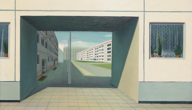 Uwe Pfeifer, Durchgang in Halle-Neustadt, 1971. Brandenburgisches Landesmuseum für moderne Kunst, © VG Bild-Kunst, Bonn 2025, Foto: Thomas Kläber, Lizenz: DAS MINSK Kunsthaus in Potsdam Uwe Pfeifer, Durchgang in Halle-Neustadt, 1971. Brandenburgisches Landesmuseum für moderne Kunst, © VG Bild-Kunst, Bonn 2025, Foto: Thomas Kläber, Lizenz: DAS MINSK Kunsthaus in Potsdam