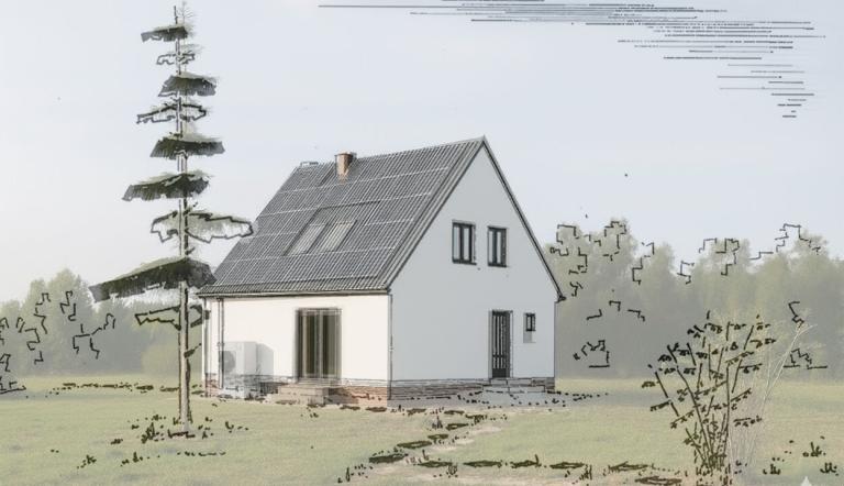 Originaldarstellung von Wilfried Stallknecht zur EW 58-Serie, kombiniert mit einer KI-Visualisierung, die energetische Sanierungsoptionen aufzeigt. © InNoWest, Foto: Wilfried Stallknecht, Lizenz: InNoWest