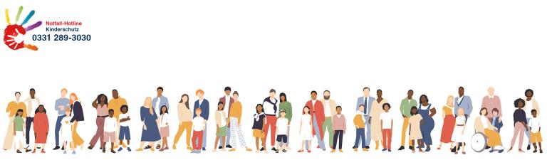 Illustration von Müttern und Vätern mit Kindern, die Notfall-Hotline Kinderschutz von Potsdam ist zu sehen: 0331 289 3030