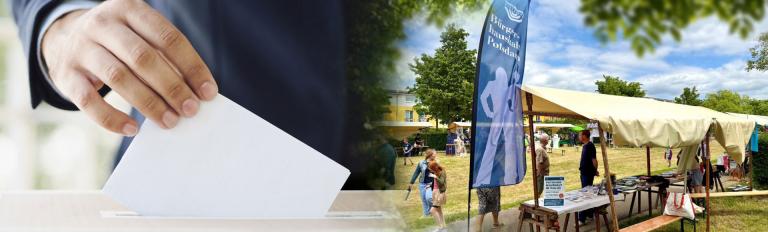 Abgabe eines Briefes in einer Wahlurne und eine Gartenfest