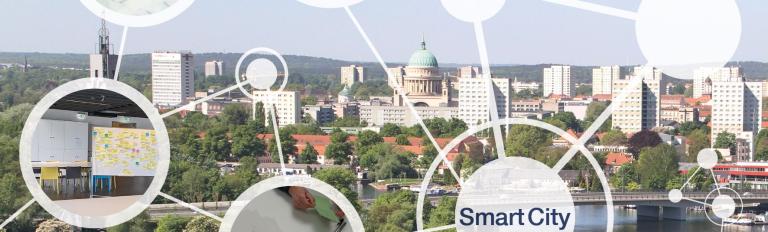 Das Bild ist eine Montage aus einem Foto von Potsdams Silhouette mit der Nikolaikirche im Zentrum des Bildes, und einer darüber gelegten Grafik aus einem Netz miteinander verbundener Kreise. In einem Kreis ist ein Foto des Potsdam Labs im Bildungsforum Potsdam zu sehen. 