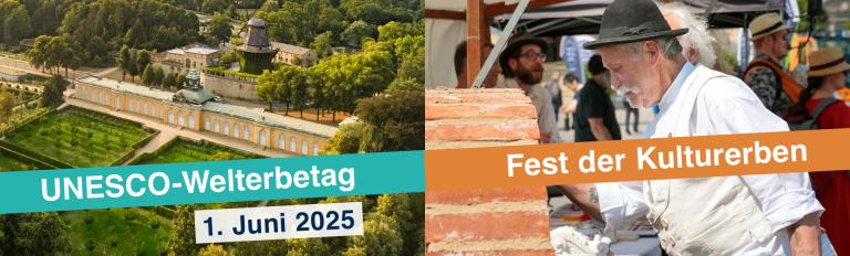 Zwei Bilder, die zusammengefügt wurden. Links die Orangerie, rechts ein Steinmetz bei der Arbeit.
