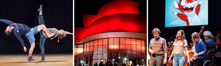 Die Collage zeigt 3 Bilder: 2 Tänzer der fabrik Potsam, das Hans Otto Theater und Synchronspreche Filmuni Potsdam bei der Veranstaltungr der "Filmorchester meets Filmuni".